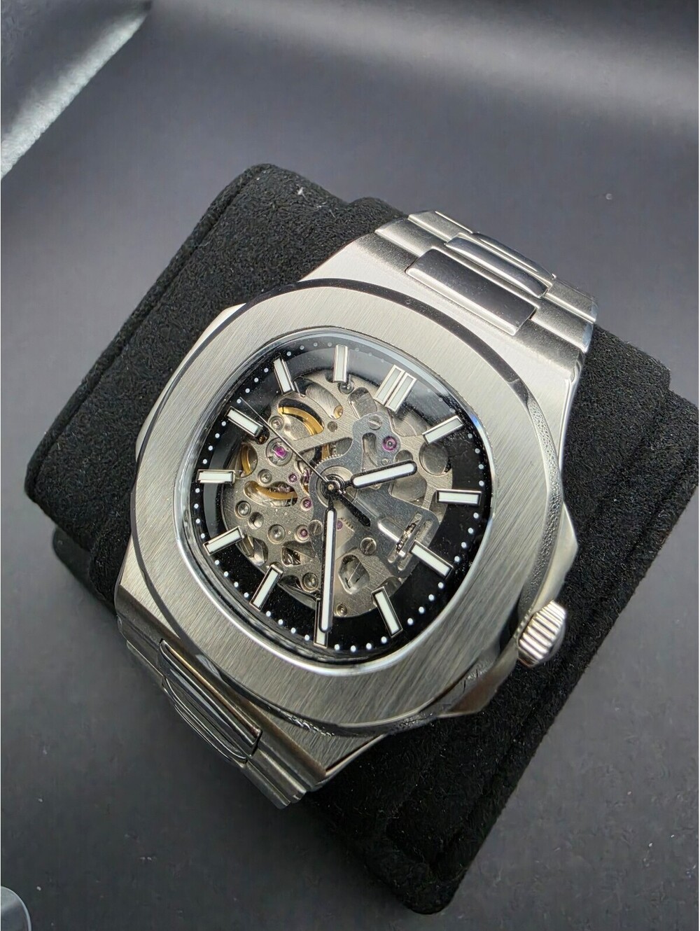 Custom Seiko Silver Skeleton Nautilus Watch 40mm Mod